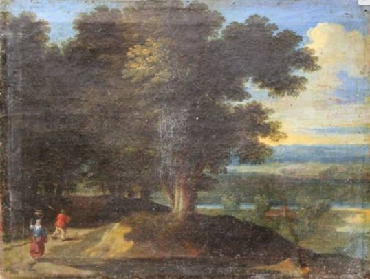 Wood and River Landscape with Couple of Villagers
