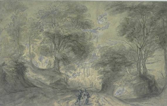 Landscape with Two Figures on a Road going down between Trees