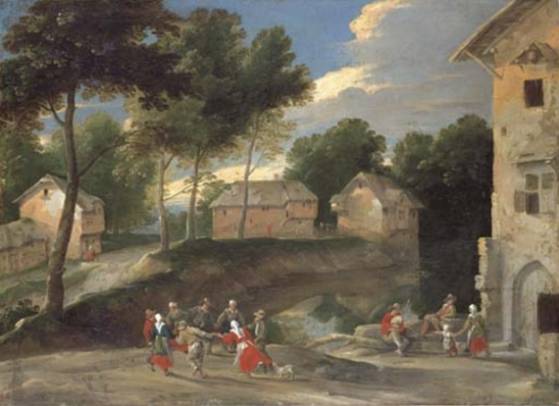 A village Landscape with Villagers Dancing to the Bagpipes