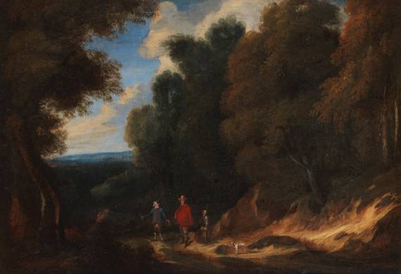 A wooded Landscape with Travellers and a Dog on a Path