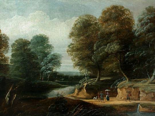 River Landscape with Hikers and Woodpickers