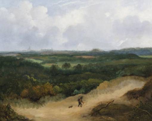 Walker in Front of a Broad Landscape Background with a City Silhouette