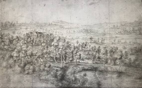 An Extensive Landscape with a Chateau in a Wood and Other Building near a Lake in the Foreground