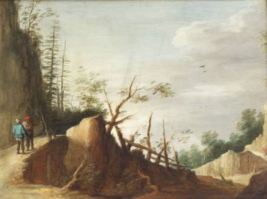 A Rocky Landscape with Figures Conversing on a Path 