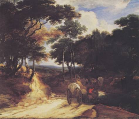 A Wooded Landscape with Travellers and a Wagon on a Path 