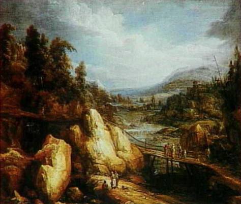 Rocky Landscape with a Bridge crossing a River