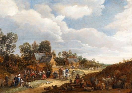 Village Street with Dancing Peasants, Travelers and Wanderers