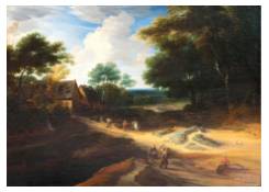 Work 1003: Summer Landscape with Houses and Figures at Forest Edge