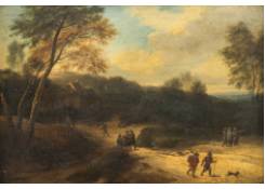 Wooded Landscape with a Farmhouse, Hikers and Peasants Conversing