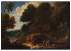 Work 1133: A Wooded Landscape with Travellers on a Path near a Pond 