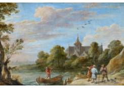 Work 1157: A River Landscape with Travellers by a Jetty and a Man in a Rowing Boat, a Church beyond